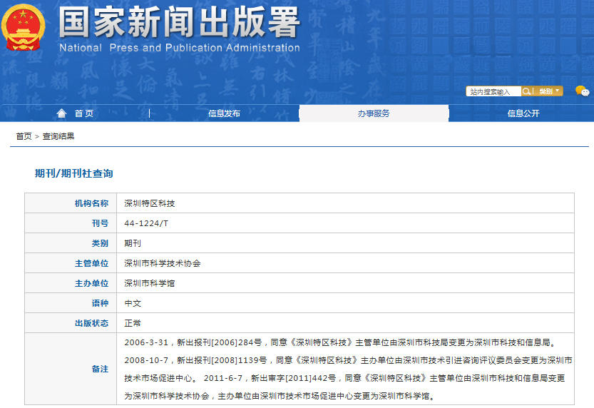 深圳特区科技杂志备案信息