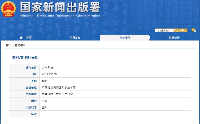 大众科技杂志备案信息