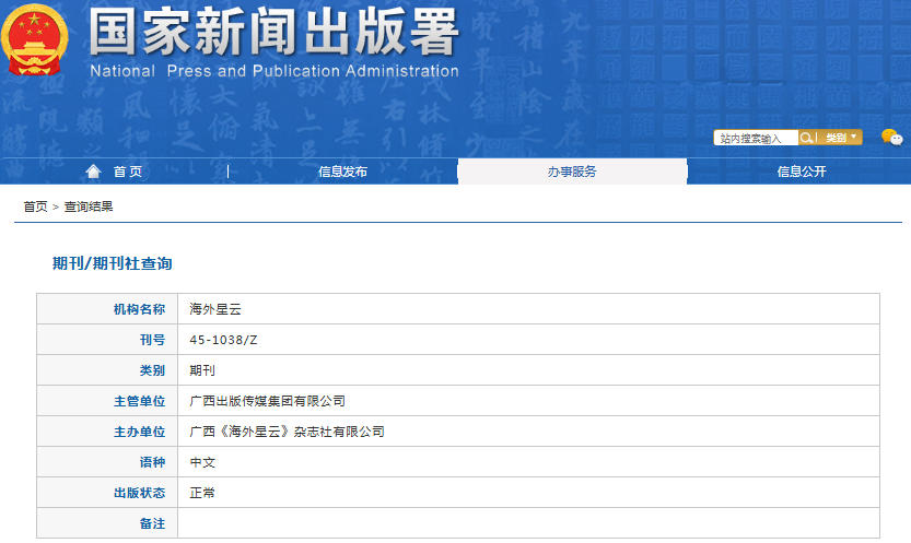 海外星云杂志备案信息