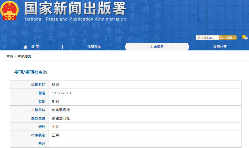 环球杂志备案信息